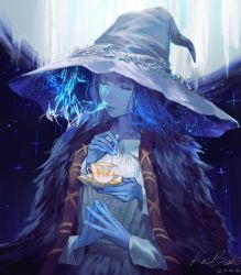 Rule 34 | 1girl, blue eyes, blue hair, blue skin, cape, cloak, closed mouth, colored skin, cracked skin, cup, dress, elden ring, extra arms, fur cape, fur cloak, hat, highres, keibleh, long hair, one eye closed, own hands together, ranni the witch, solo, teacup, wavy hair, witch, witch hat