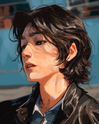 Rule 34 | 1boy, blue shirt, brown eyes, brown hair, day, highres, jacket, leather, leather jacket, male focus, original, outdoors, parted lips, sam yang, shirt, short hair, solo, upper body
