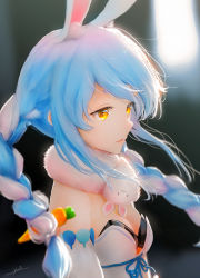 Rule 34 | 1girl, animal ear fluff, animal ears, bad id, bad twitter id, bare shoulders, blue hair, blurry, blurry background, braid, breasts, carrot hair ornament, commentary request, detached sleeves, food-themed hair ornament, fur scarf, hair ornament, highres, hololive, leotard, long hair, ojay tkym, orange eyes, rabbit ears, rabbit girl, scarf, signature, small breasts, solo, strapless, strapless leotard, swept bangs, thick eyebrows, twin braids, usada pekora, usada pekora (1st costume), virtual youtuber, white leotard, white scarf, white sleeves