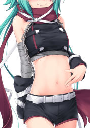 Rule 34 | 1girl, arm warmers, bandaged arm, bandages, bare shoulders, belt, belt buckle, black shirt, black shorts, blouse, blush, breasts, buckle, chain, closed mouth, cowboy shot, crop top, green hair, hand on own stomach, head out of frame, long hair, navel, princess connect!, purple scarf, scarf, shirt, short shorts, shorts, simple background, sleeveless, sleeveless shirt, small breasts, smile, solo, stomach, thigh gap, umarutsufuri, white background