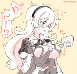 Rule 34 | 1girl, armor, cape, corrin (female) (fire emblem), corrin (fire emblem), eromame, fire emblem, fire emblem fates, hairband, long hair, monochrome, nintendo, open mouth, pointy ears, simple background, solo focus, tearing up, twitter username, upper body