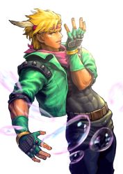 Rule 34 | 1boy, absurdres, battle tendency, belt, blonde hair, blue eyes, bubble, caesar anthonio zeppeli, cropped jacket, crossbonedx, facial mark, feather hair ornament, feathers, fingerless gloves, gloves, green jacket, hair ornament, highres, jacket, jojo no kimyou na bouken, male focus, neckerchief, ribbon, simple background, solo, tight clothes, white background