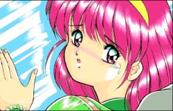 Rule 34 | 1girl, ayumi-chan monogatari, ayumi (ayumi-chan monogatari), blush, game cg, hairband, looking back, lowres, red hair, retro artstyle, sweat