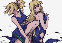 Rule 34 | 2girls, absurdres, bare shoulders, blonde hair, blue dress, blue eyes, dcon 34, dr. stone, dress, highres, holding, holding weapon, kohaku (dr. stone), long hair, multiple girls, open mouth, ponytail, rope belt, ruri (dr. stone), siblings, simple background, sisters, sleeveless, sleeveless dress, weapon, white background