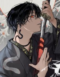 Rule 34 | 1boy, bishounen, black hair, flower, hakama, highres, holding, holding sword, holding weapon, japanese clothes, lily (flower), looking at viewer, male focus, neck tattoo, original, profile, red eyes, short hair, snake print, solo, sword, tattoo, uminonew, weapon