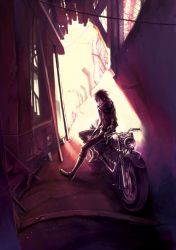 Rule 34 | 1boy, alley, hands in pockets, male focus, motor vehicle, motorcycle, non-web source, original, outdoors, samu, sitting, solo, stairs, vehicle