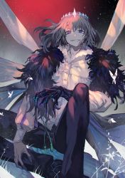 Rule 34 | 1boy, black pants, blue eyes, bug, butterfly, claws, crown, evil smile, fate/grand order, fate (series), feather boa, highres, insect, insect wings, jacket, lack, male focus, oberon (fate), oberon (third ascension) (fate), pants, sitting, smile, spoilers, white jacket, wings