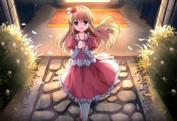 Rule 34 | 1girl, blonde hair, blue eyes, commentary request, door, dress, flower, hair flower, hair ornament, highres, layered sleeves, long hair, long sleeves, looking at viewer, open mouth, original, puffy short sleeves, puffy sleeves, red dress, risutaru, short over long sleeves, short sleeves, smile, solo