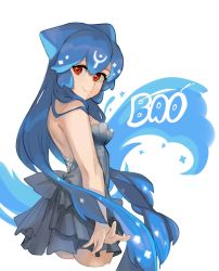 Rule 34 | 1girl, absurdres, backless dress, backless outfit, bao (vtuber), bao (vtuber) (1st costume), blue hair, breasts, character name, commentary, cropped legs, dress, english commentary, from side, grey dress, hair between eyes, highres, indie virtual youtuber, liquid hair, long hair, looking back, red eyes, small breasts, smile, solo, thernz, very long hair, virtual youtuber, water, white background