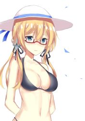 Rule 34 | 10s, 1girl, 3:, anchor hair ornament, arms behind back, bare shoulders, bespectacled, bikini, black bikini, blonde hair, blue eyes, blush, breasts, cleavage, glasses, hair ornament, halterneck, hat, jirasak santhaweesuk, kantai collection, long hair, low twintails, medium breasts, navel, prinz eugen (kancolle), red-framed eyewear, simple background, solo, string bikini, sun hat, swimsuit, twintails, upper body, white background
