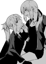 Rule 34 | 2girls, artoria pendragon (all), artoria pendragon (fate), black jacket, black shirt, black suit, fate/apocrypha, fate/grand order, fate/stay night, fate (series), formal, grabbing another&#039;s chin, hand on another&#039;s chin, headband, incest, jacket, jewelry, looking at another, looking away, mordred (fate), mordred (fate/apocrypha), mother and daughter, multiple girls, necklace, official alternate costume, open mouth, ponytail, saber alter, saber alter (ver. shinjuku 1999) (fate), shirt, sooru0720, suit, yuri
