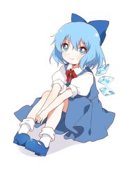 Rule 34 | 1girl, blue bow, blue dress, blue eyes, blue footwear, blue hair, blush, bow, bowtie, cirno, closed mouth, collar, collared shirt, dress, hair between eyes, highres, ice, ice wings, looking at viewer, puffy short sleeves, puffy sleeves, red bow, red bowtie, sasaki sakiko, shadow, shirt, shoes, short hair, short sleeves, simple background, sitting, smile, socks, solo, touhou, white background, white shirt, white sleeves, white socks, wings