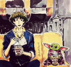 Rule 34 | 2boys, baby, colored skin, couch, cowboy bebop, crossover, d2071, food, green skin, grogu, highres, instant ramen, looking at another, multiple boys, noodles, sitting, spike spiegel, star wars, tagme, the child (star wars), the mandalorian