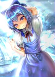 Rule 34 | 1girl, bad id, bad pixiv id, blue bow, blue dress, blue eyes, blue hair, bow, cirno, closed mouth, collared shirt, commentary request, dress, hair bow, hand in own hair, head tilt, ice, looking at viewer, murasaki-raku, peter pan collar, puffy short sleeves, puffy sleeves, shirt, short hair, short sleeves, sparkle, touhou, white shirt