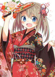 Rule 34 | 1girl, bad id, bad pixiv id, blue eyes, brown hair, flower, hair flower, hair ornament, hairclip, highres, japanese clothes, kimono, looking at viewer, new year, open mouth, original, paddle, sasahara wakaba, solo, wide sleeves