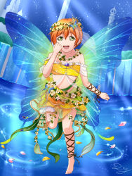 Rule 34 | 10s, 1girl, :d, bandeau, barefoot, blue sky, blue wings, butterfly hair ornament, butterfly wings, crown, flower, flying, full body, green eyes, hair between eyes, hair flower, hair ornament, head wreath, highres, hoshizora rin, insect wings, layered skirt, leg up, looking at viewer, love live!, love live! school idol festival, love live! school idol project, mini crown, miniskirt, open mouth, orange hair, short hair, skirt, sky, smile, solo, star (sky), starry sky, strapless, suzukage liny, wings, yellow flower, yellow skirt