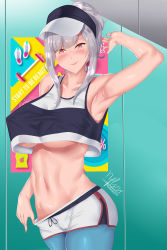 Rule 34 | 1girl, absurdres, alternate costume, armpits, artist name, azur lane, baseball cap, belly, blue pantyhose, blush, breasts, closed mouth, collarbone, covered erect nipples, crop top, crop top overhang, giulio cesare (azur lane), giulio cesare (fitness master) (azur lane), hair between eyes, hat, highres, large breasts, lips, long hair, looking at viewer, naufalsaurus, navel, panties, panty pull, pantyhose, ponytail, pulled by self, red eyes, red hair, shiny skin, short shorts, shorts, sidelocks, signature, silver hair, sleeveless, smile, solo, standing, sweat, underboob, underwear, white shorts