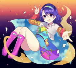 Rule 34 | 1girl, :d, boots, bow, cape, capelet, footwear bow, full body, gradient background, hairband, highres, index finger raised, long sleeves, looking at viewer, multicolored clothes, multicolored hairband, open mouth, pink footwear, pointing, pointing at viewer, purple eyes, purple hair, rainbow, short hair, sky print, smile, solo, subaru (subachoco), tenkyuu chimata, touhou, white bow, white capelet