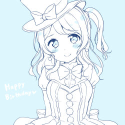 Rule 34 | 1girl, arms at sides, back bow, bang dream!, blue theme, blush, bow, bowtie, center frills, dress, earrings, frills, happy birthday, hat, hat bow, hazuki (sutasuta), highres, jewelry, long hair, looking at viewer, matsubara kanon, monochrome, one side up, pom pom (clothes), short sleeves, smile, solo, top hat, upper body