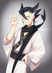 Rule 34 | 1boy, black hair, black scarf, commentary request, creatures (company), game freak, grey eyes, grimsley (pokemon), hair between eyes, hand on own hip, hand up, head tilt, highres, looking at viewer, male focus, momoji (lobolobo2010), multicolored hair, nintendo, one eye closed, parted lips, pokemon, pokemon sm, scarf, smile, solo, spiked hair, two-tone hair, waving, white hair