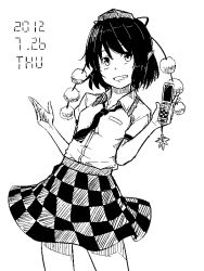 Rule 34 | 1girl, cellphone, cellphone charm, cellphone strap, charm (object), checkered clothes, checkered skirt, collared shirt, cosplay, dated, greyscale, grin, hat, himekaidou hatate, himekaidou hatate (cosplay), kawashina (momen silicon), looking at viewer, monochrome, necktie, phone, pointy ears, pom pom (clothes), shameimaru aya, shirt, short hair, simple background, skirt, smile, solo, tokin hat, touhou, white background