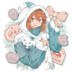 1girl absurdres anger_vein aqua_pajamas arknights blush_stickers chinese_commentary cinnamoroll commentary_request creature cropped_torso crownslayer_(arknights) dopperu_ben fuwa_fuwa_cinnamoroll hair_between_eyes hair_ornament hairclip hands_up highres hood hood_up looking_at_viewer open_mouth orange_eyes orange_hair pajamas sanrio short_hair sleeves_past_wrists solo white_pajamas