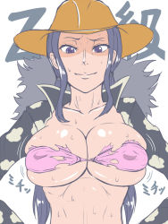 Rule 34 | 1girl, breast expansion, breasts, bursting breasts, fishneak, hat, large breasts, nico robin, one piece, one piece film: z, purple eyes, solo, sweat, torn clothes, upper body