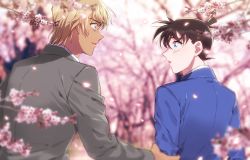 Rule 34 | 2boys, amuro tooru, arm grab, blazer, blonde hair, blue eyes, blue jacket, blurry, blurry background, brown hair, cherry blossoms, collared shirt, commentary request, eye contact, falling petals, flower, formal, from behind, grey jacket, grey suit, jacket, k (gear labo), kudou shin&#039;ichi, long sleeves, looking at another, male focus, meitantei conan, multiple boys, open mouth, parted lips, petals, pink flower, school uniform, shirt, short hair, smile, spring (season), suit, tears, teitan high school uniform, tree, upper body, white shirt