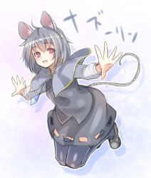 Rule 34 | 1girl, animal ears, black footwear, black thighhighs, capelet, character name, full body, gem, grey hair, grey skirt, grey vest, jewelry, jumping, long sleeves, mouse ears, mouse tail, nazrin, open mouth, ototobe, outline, outstretched arms, red eyes, shirt, short hair, skirt, skirt set, solo, tail, thighhighs, touhou, vest, white shirt