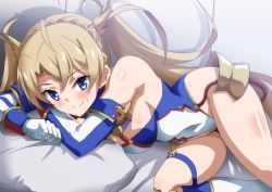 Rule 34 | 1girl, armor, bare shoulders, blonde hair, blue eyes, blush, bradamante (fate), bradamante (first ascension) (fate), braid, breasts, closed mouth, elbow gloves, fate/grand order, fate (series), faulds, french braid, gloves, hair ornament, hara (harayutaka), highleg, highleg leotard, highres, hip focus, leotard, long hair, looking at viewer, lying, smile, solo focus, thigh strap, thighs, twintails, very long hair