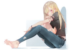 Rule 34 | 1girl, barefoot, black shirt, blonde hair, blue pants, blush, bra visible through clothes, denim, earrings, feet, full body, jeans, jewelry, kitagawa marin, legs, long hair, looking at viewer, pants, red eyes, shirt, sitting, smile, soles, solo, sono bisque doll wa koi wo suru, sydus, t-shirt, toes, torn clothes, torn jeans, torn pants