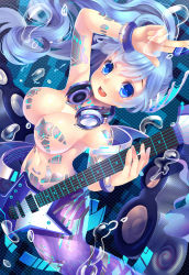 Rule 34 | 1girl, absurdres, arm up, blue eyes, blue hair, bracelet, breasts, electric guitar, guitar, headphones, highres, instrument, jam roll, jewelry, long hair, majo taisen chronicle, matching hair/eyes, mermaid, monster girl, navel, open mouth, plectrum, pointing, solo, speaker, star (symbol)