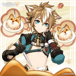 Rule 34 | absurdres, animal ears, armor, artist request, asymmetrical gloves, brown hair, cake, closed mouth, commentary, dog, dog boy, dog ears, english commentary, fingerless gloves, food, genshin impact, gloves, gorou (genshin impact), hair between eyes, highres, holding, japanese armor, japanese clothes, logo, makeup, male focus, official art, paw print, shiba inu, simple background, solo, squiggle, sweat, tassel, upper body, white hair