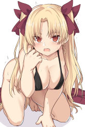 Rule 34 | 1girl, bikini, black bikini, blonde hair, blush, bottomless, breasts, unworn cape, cleavage, earrings, ereshkigal (fate), fate/grand order, fate (series), hair ornament, jewelry, kneeling, large breasts, long hair, looking at viewer, open mouth, parted bangs, red eyes, ribbon, shiseki hirame, solo, swimsuit, two side up