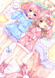 Rule 34 | 2girls, :&lt;, :d, ;o, absurdres, animal ears, animal hood, animal slippers, bed sheet, blonde hair, blue bow, blush, boots, bow, breasts, bunny slippers, cat ears, cat hood, cat tail, checkered bow, checkered clothes, dress, frilled pillow, frilled shorts, frills, from above, full body, hair between eyes, hair bow, hand on own stomach, hand up, highres, hood, hood down, hood up, hoodie, large breasts, looking at viewer, lying, medium breasts, multiple girls, natsume asato, on back, one eye closed, open mouth, original, parted lips, pillow, pink hair, pom pom (clothes), puffy shorts, purple eyes, rabbit hood, red bow, rubbing eyes, shorts, side-by-side, slippers, smile, stuffed animal, stuffed cat, stuffed toy, sweater, sweater dress, tail, tail bow, tail ornament, yellow eyes