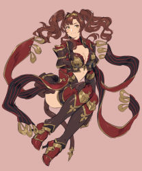 Rule 34 | 1girl, armor, armored boots, asymmetrical bangs, beatrix (granblue fantasy), black skirt, boots, breasts, brown hair, cleavage, closed mouth, floating hair, full body, granblue fantasy, hairband, high heel boots, high heels, highres, large breasts, long hair, midriff, miniskirt, pink background, pleated skirt, red footwear, shimatani azu, shoulder armor, simple background, sitting, sketch, skirt, smile, solo, stomach, thighhighs, twintails, very long hair, yellow eyes, yellow hairband