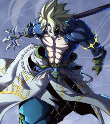 Rule 34 | 1boy, abs, absurdres, blonde hair, blue eyes, blue pants, cape, evil smile, highres, looking at viewer, male focus, muscular, muscular arms, muscular male, pants, pectorals, polearm, poseidon (shuumatsu no valkyrie), pupiless eyes, shaded face, shuumatsu no valkyrie, smile, trident, veins, weapon