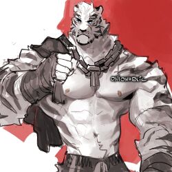 Rule 34 | 1boy, abs, animal ears, arknights, bara, chain, chain necklace, cowboy shot, furry, furry male, jewelry, large pectorals, male focus, mountain (arknights), muscular, muscular male, necklace, nipples, onion holic, pectorals, scar, scar across eye, scar on face, shirt on shoulders, short hair, sketch, solo, stomach, tiger boy, tiger ears, topless male, unworn shirt, white fur