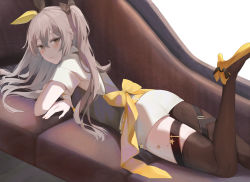 Rule 34 | 1girl, belt, black pantyhose, black thighhighs, brown eyes, brown hair, couch, girls&#039; frontline, hair ribbon, high heels, long hair, looking at viewer, official alternate costume, pantyhose, pumps, ribbon, ru zhai, scar, scar across eye, scar on face, shirt, shoes, skirt, solo, strap, thighhighs, ump45 (girls&#039; frontline), ump45 (the wish-making sorceress of fireworks) (girls&#039; frontline), yellow footwear, yellow ribbon