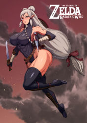Rule 34 | 1girl, abs, big hair, breasts, elbow gloves, eye symbol, facial mark, gloves, highres, hyrule warriors: age of calamity, impa, kingbang, kunai, large breasts, leotard, lips, long hair, low-tied long hair, muscle, muscular, muscular female, nintendo, pointy ears, sheikah, silver hair, solo, sword, the legend of zelda, the legend of zelda: breath of the wild, thick thighs, thighhighs, thighs, very long hair, wakizashi, weapon, yellow eyes