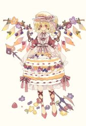 Rule 34 | 1girl, alternate costume, alternate weapon, ankle lace-up, blueberry, blush, cake print, commentary, cross-laced footwear, earrings, flandre scarlet, flower, food, food-themed clothes, food-themed earrings, frills, fruit, full body, hat, highres, jewelry, laevatein, looking at viewer, nikorashi-ka, polearm, red eyes, ribbon, shaded face, side ponytail, simple background, solo, strawberry earrings, symbol-only commentary, touhou, trident, weapon, white background, wings