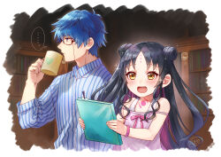 Rule 34 | ..., 1boy, 1girl, absurdres, artist name, babydoll, black-framed eyewear, black hair, blue eyes, blue hair, blue shirt, blush, book, bookshelf, border, bukiya (weaponman), chest tattoo, child, closed mouth, collared shirt, commentary, cup, double bun, dress swimsuit, eyewear strap, fate/grand order, fate (series), forehead tattoo, glasses, hair bun, hand up, hans christian andersen (adult) (fate), hans christian andersen (fate), heart, heart print, highres, holding, holding book, holding cup, indoors, long hair, long sleeves, looking afar, looking at object, mug, multicolored hair, one-piece swimsuit, open mouth, parted bangs, pink babydoll, pink bracelet, pink hair, pink ribbon, print mug, profile, ribbon, sessyoin kiara, sessyoin kiara (lily), shirt, short hair, sidelocks, signature, smile, speech bubble, spoken ellipsis, streaked hair, striped clothes, striped shirt, swimsuit, tattoo, two-tone shirt, upper body, vertical-striped clothes, vertical-striped shirt, wavy hair, white border, white one-piece swimsuit, white shirt, yellow eyes