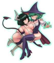 Rule 34 | 2girls, ass, black dress, black footwear, black hair, breasts, cleavage, closed mouth, collarbone, commentary, cosplay, covered erect nipples, curly hair, donburi (donburikazoku), dress, from above, fubuki (one-punch man), full body, green eyes, green hair, hair between eyes, hat, high heels, highres, horns, large breasts, legs, lips, looking at viewer, lying, multiple girls, navel, on side, one-punch man, short hair, siblings, sisters, skindentation, tatsumaki, witch hat