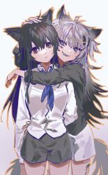 Rule 34 | 2girls, absurdres, animal ears, arknights, arm around shoulder, arm behind back, black hair, black shirt, black shorts, blue necktie, closed mouth, collared shirt, commentary request, grey eyes, grin, gwansimnoi09, hair between eyes, hair ornament, hairclip, headpat, highres, hug, hug from behind, korean commentary, lappland (arknights), long hair, looking at another, looking away, material growth, messy hair, multiple girls, necktie, oripathy lesion (arknights), outline, sharp teeth, shirt, shorts, sidelocks, simple background, smile, tail, teeth, texas (arknights), white background, white hair, white shirt, white shorts, wolf ears, wolf girl, wolf tail, yellow eyes, yellow outline, yuri