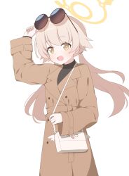 Rule 34 | 1girl, absurdres, bag, black shirt, blue archive, blush, brown coat, coat, eyewear on head, hagoonha, halo, hifumi (blue archive), highres, light brown hair, long hair, long sleeves, low twintails, open mouth, peroro (blue archive), round eyewear, shirt, shoulder bag, simple background, smile, solo, sunglasses, twintails, white background, yellow eyes, yellow halo