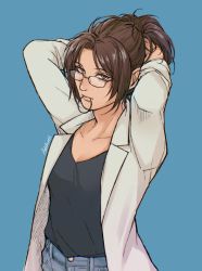 Rule 34 | 1other, adelnath, androgynous, blue background, brown eyes, brown hair, coat, denim, glasses, hair tie, hange zoe, highres, jeans, lab coat, mouth hold, pants, shingeki no kyojin, signature, solo, tying hair, upper body, v-neck, white coat