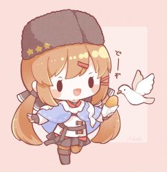 Rule 34 | 1girl, bird, black gloves, black headwear, blue shawl, brown hair, commentary request, fingerless gloves, food, fur hat, gloves, hair ornament, hair ribbon, hairclip, hat, highres, holding, holding food, kantai collection, leg up, long hair, nada namie, open mouth, papakha, pink background, ribbon, scarf, shawl, signature, simple background, tashkent (kancolle), translation request, twintails, two-tone background, white scarf