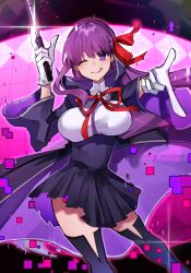 Rule 34 | 1girl, bb (fate), bb (fate/extra), bow, breasts, closed mouth, fate/extra, fate/extra ccc, fate (series), gloves, highres, katsuobushi (eba games), large breasts, licking lips, long hair, looking at viewer, one eye closed, purple background, purple eyes, purple hair, purple skirt, shirt, skirt, smile, solo, tongue, tongue out, very long hair, white gloves, white shirt