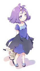 Rule 34 | 1girl, acerola (pokemon), arms behind back, blue eyes, creatures (company), dress, elite four, flipped hair, full body, game freak, gen 7 pokemon, hair ornament, half updo, highres, mimikyu, namori, nintendo, pokemon, pokemon (creature), pokemon sm, purple hair, sandals, short hair, simple background, smile, standing, stitches, topknot, torn clothes, torn dress, trial captain, white background