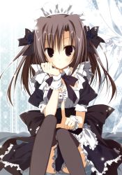 Rule 34 | 1girl, absurdres, alternate costume, black bow, black bowtie, black hair, blush, bow, bowtie, dress, ebiten (manga), enmaided, frills, hand on own chin, highres, inugami kira, looking at viewer, maid, official art, puffy short sleeves, puffy sleeves, purple eyes, short sleeves, sitting, solo, tareme, thighhighs, todayama izumiko